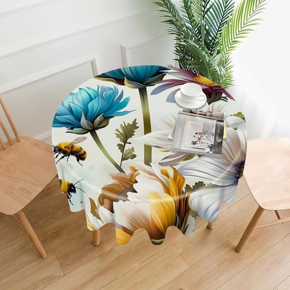 GooTPa 60 Inch Round Tablecloth, Bees Colorful Flowers Realistic Premium Polyester Straight Edge Wrinkle Resistant Washable Table Cover for Home Dining Party Decor