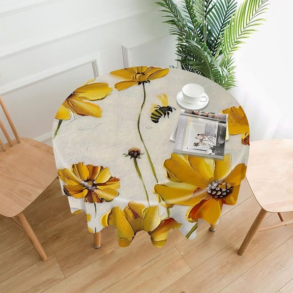 GooTPa 60 Inch Round Tablecloth, Bees Yellow Flowers Texture Premium Polyester Straight Edge Wrinkle Resistant Washable Table Cover for Home Dining Party Decor
