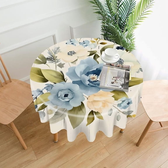 GooTPa 60 Inch Round Tablecloth, Blue Cream Flowers Berries Premium Polyester Straight Edge Wrinkle Resistant Washable Table Cover for Home Dining Party Decor