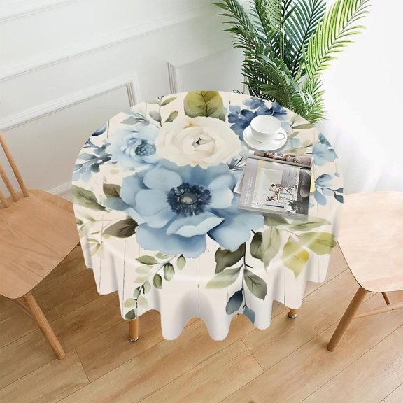 GooTPa 60 Inch Round Tablecloth, Blue Floral Berries Wood Premium Polyester Straight Edge Wrinkle Resistant Washable Table Cover for Home Dining Party Decor