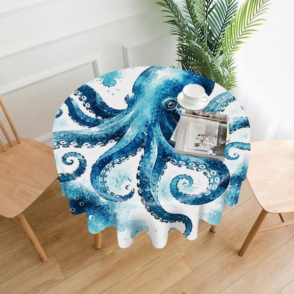 GooTPa 60 Inch Round Tablecloth,Blue Octopus Ocean Ink Premium Polyester Straight Edge Wrinkle Resistant Washable Table Cover for Home Dining Party Decor