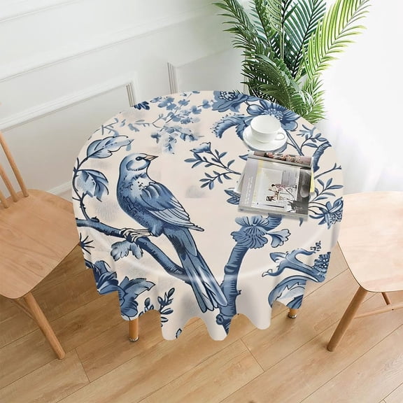 GooTPa 60 Inch Round Tablecloth, Blue Toile Bird Floral Premium Polyester Straight Edge Wrinkle Resistant Washable Table Cover for Home Dining Party Decor