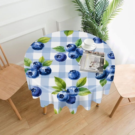GooTPa 60 Inch Round Tablecloth, Blueberry Gingham Watercolor Pattern Premium Polyester Straight Edge Wrinkle Resistant Washable Table Cover for Home Dining Party Decor