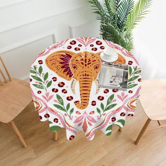 GooTPa 60 Inch Round Tablecloth, Boho Elephant Floral Pattern Premium Polyester Straight Edge Wrinkle Resistant Washable Table Cover for Home Dining Party Decor