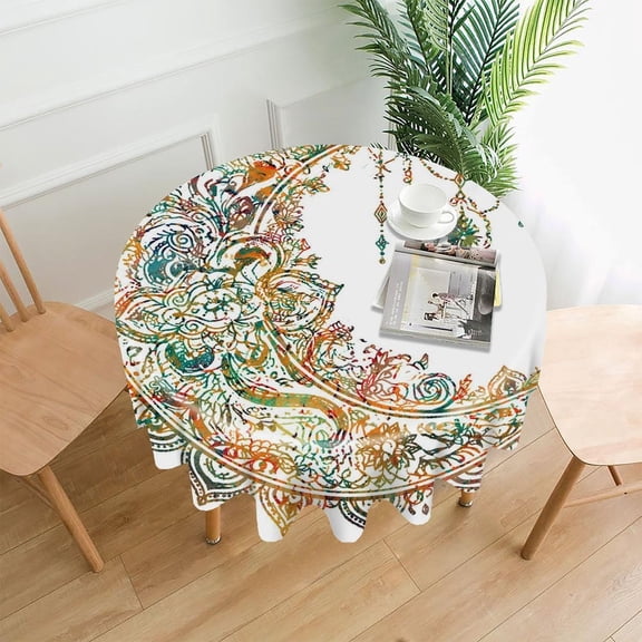 GooTPa 60 Inch Round Tablecloth,Boho Mandala Moon Crescent Premium Polyester Straight Edge Wrinkle Resistant Washable Table Cover for Home Dining Party Decor