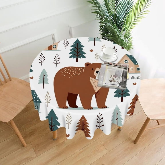 GooTPa 60 Inch Round Tablecloth,Brown Bear In Woodland Pattern Premium Polyester Straight Edge Wrinkle Resistant Washable Table Cover for Home Dining Party Decor