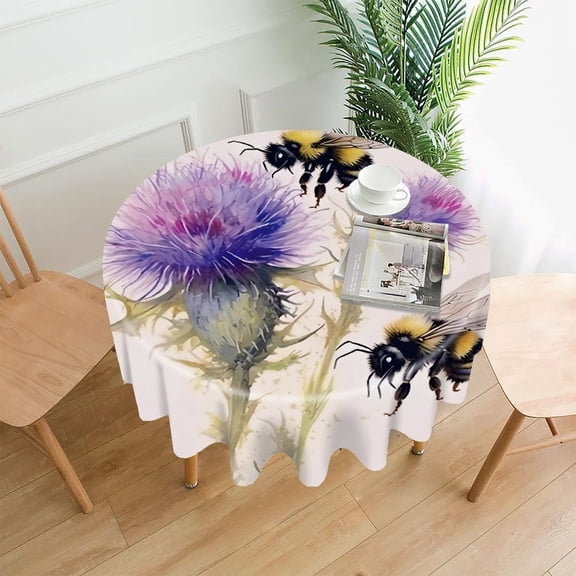 GooTPa 60 Inch Round Tablecloth, Bumblebee Thistle Blossom Pair Premium Polyester Straight Edge Wrinkle Resistant Washable Table Cover for Home Dining Party Decor