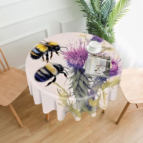 GooTPa 60 Inch Round Tablecloth, Bumblebee Thistle Wood Premium Polyester Straight Edge Wrinkle Resistant Washable Table Cover for Home Dining Party Decor