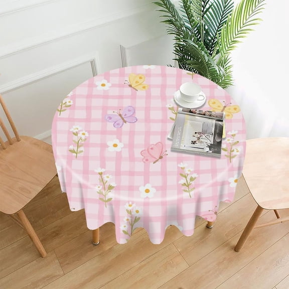 GooTPa 60 Inch Round Tablecloth, Butterfly Daisy Pink Gingham Pattern Premium Polyester Straight Edge Wrinkle Resistant Washable Table Cover for Home Dining Party Decor