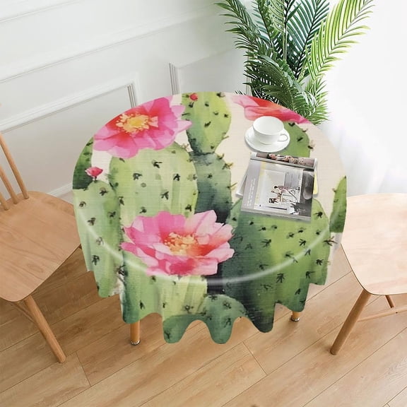 GooTPa 60 Inch Round Tablecloth, Cactus Pink Flowers Watercolor Premium Polyester Straight Edge Wrinkle Resistant Washable Table Cover for Home Dining Party Decor