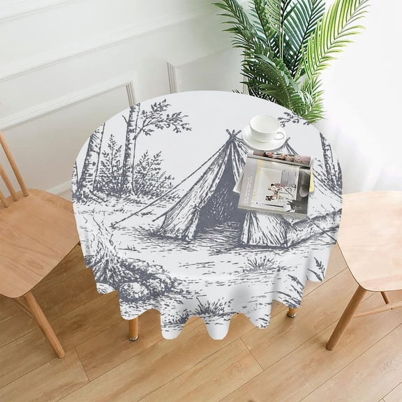 GooTPa 60 Inch Round Tablecloth,Camping Tent In Forest Premium Polyester Straight Edge Wrinkle Resistant Washable Table Cover for Home Dining Party Decor
