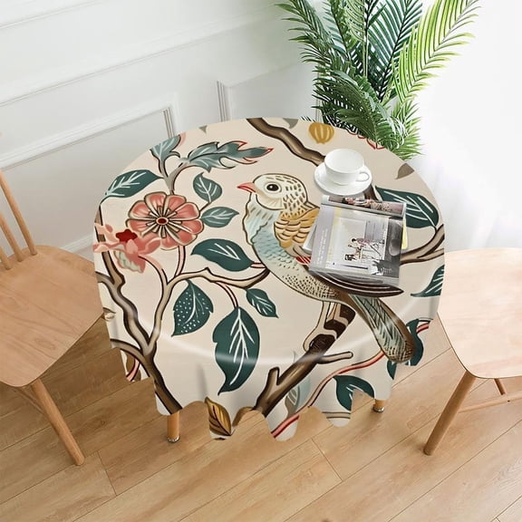 GooTPa 60 Inch Round Tablecloth, Chinoiserie Bird Flower Branch Premium Polyester Straight Edge Wrinkle Resistant Washable Table Cover for Home Dining Party Decor