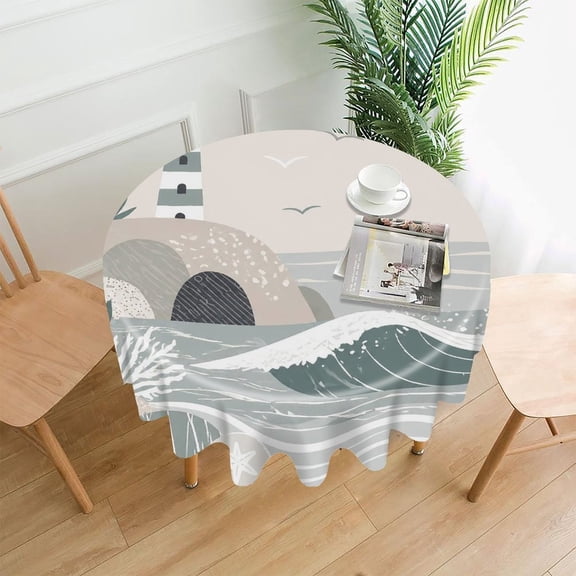 GooTPa 60 Inch Round Tablecloth,Coastal Lighthouse Landscape Premium Polyester Straight Edge Wrinkle Resistant Washable Table Cover for Home Dining Party Decor