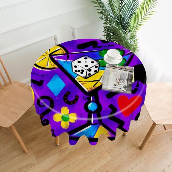 GooTPa 60 Inch Round Tablecloth, Cocktail Dice Casino Pop Art Premium Polyester Straight Edge Wrinkle Resistant Washable Table Cover for Home Dining Party Decor