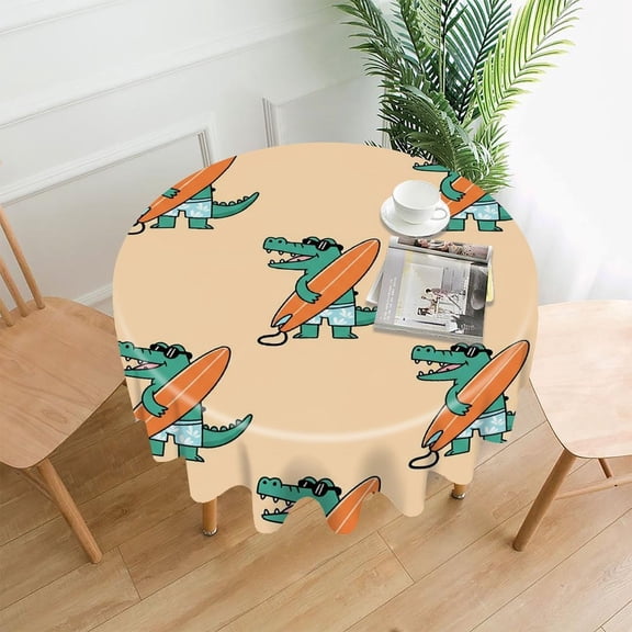 GooTPa 60 Inch Round Tablecloth,Cool Gator Surfer Summer Seamless Pattern Premium Polyester Straight Edge Wrinkle Resistant Washable Table Cover for Home Dining Party Decor