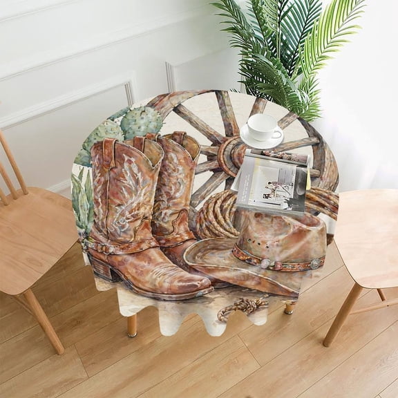 GooTPa 60 Inch Round Tablecloth,Cowboy Boots Wheel And Hat Premium Polyester Straight Edge Wrinkle Resistant Washable Table Cover for Home Dining Party Decor