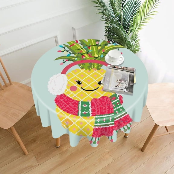GooTPa 60 Inch Round Tablecloth,Cozy Pineapple With Scarf And Earmuffs Premium Polyester Straight Edge Wrinkle Resistant Washable Table Cover for Home Dining Party Decor
