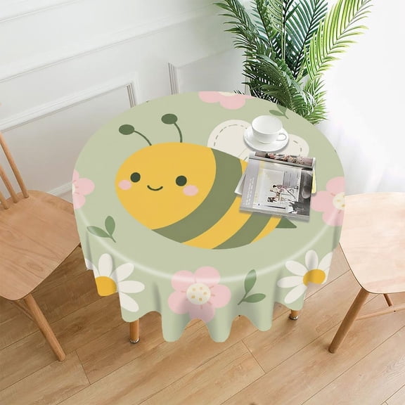GooTPa 60 Inch Round Tablecloth, Cute Bee With Daisy Flowers Premium Polyester Straight Edge Wrinkle Resistant Washable Table Cover for Home Dining Party Decor