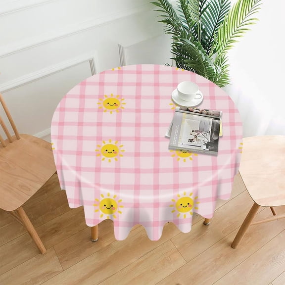 GooTPa 60 Inch Round Tablecloth, Cute Sun Pink Gingham Grid Premium Polyester Straight Edge Wrinkle Resistant Washable Table Cover for Home Dining Party Decor