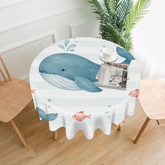 GooTPa 60 Inch Round Tablecloth,Cute Whale with Fish And Bubbles Premium Polyester Straight Edge Wrinkle Resistant Washable Table Cover for Home Dining Party Decor
