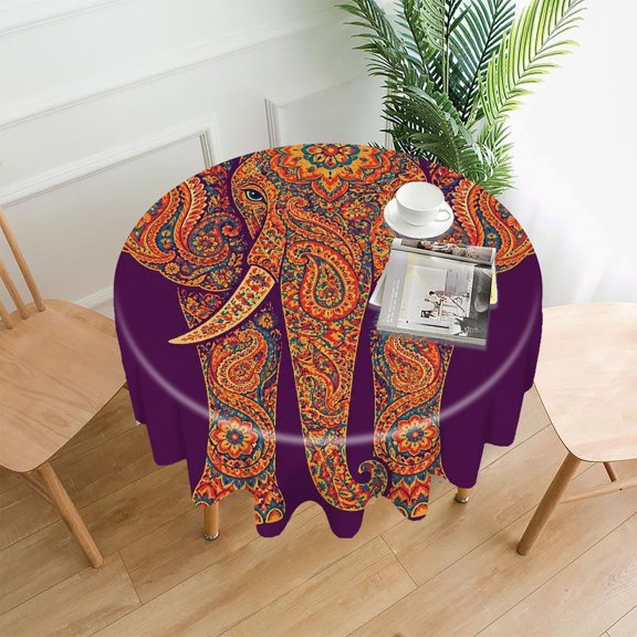 GooTPa 60 Inch Round Tablecloth,Decorative Paisley Elephant Head Art Premium Polyester Straight Edge Wrinkle Resistant Washable Table Cover for Home Dining Party Decor