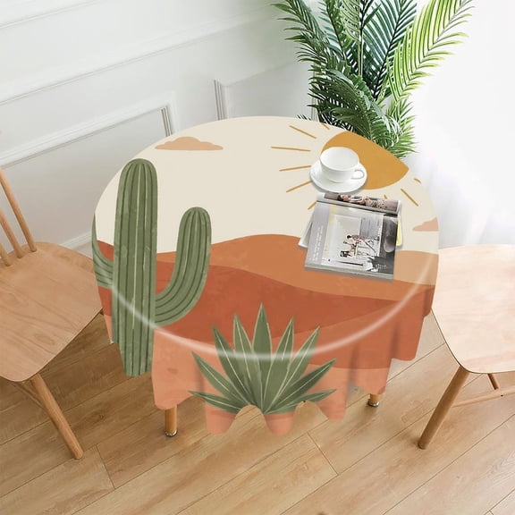 GooTPa 60 Inch Round Tablecloth,Desert Cactus With Sun And Hills Premium Polyester Straight Edge Wrinkle Resistant Washable Table Cover for Home Dining Party Decor