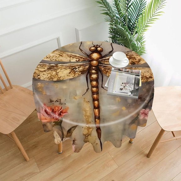 GooTPa 60 Inch Round Tablecloth, Dragonfly Gold Flecks Flowers Premium Polyester Straight Edge Wrinkle Resistant Washable Table Cover for Home Dining Party Decor