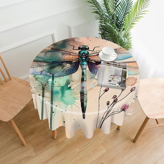GooTPa 60 Inch Round Tablecloth, Dragonfly Watercolor Flowers Premium Polyester Straight Edge Wrinkle Resistant Washable Table Cover for Home Dining Party Decor