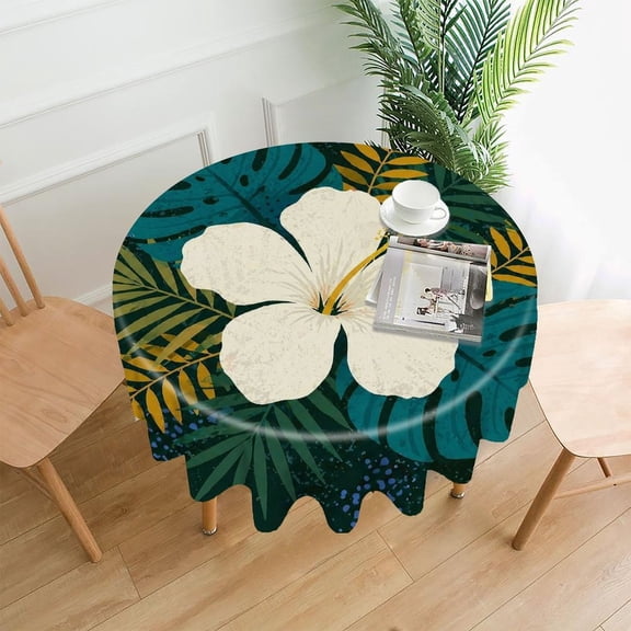 GooTPa 60 Inch Round Tablecloth, Elegant White Hibiscus with Palm Leaves Premium Polyester Straight Edge Wrinkle Resistant Washable Table Cover for Home Dining Party Decor
