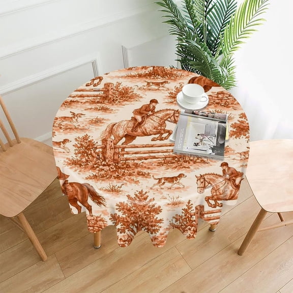 GooTPa 60 Inch Round Tablecloth,Equestrian Hunt Toile Pattern Premium Polyester Straight Edge Wrinkle Resistant Washable Table Cover for Home Dining Party Decor