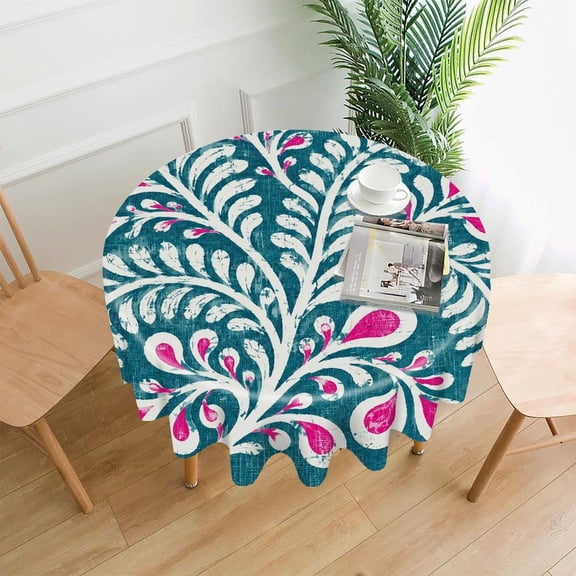 GooTPa 60 Inch Round Tablecloth, Floral Paisley Teal Pink Premium Polyester Straight Edge Wrinkle Resistant Washable Table Cover for Home Dining Party Decor