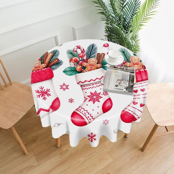 GooTPa 60 Inch Round Tablecloth, Gingerbread Stockings Premium Polyester Straight Edge Wrinkle Resistant Washable Table Cover for Home Dining Party Decor