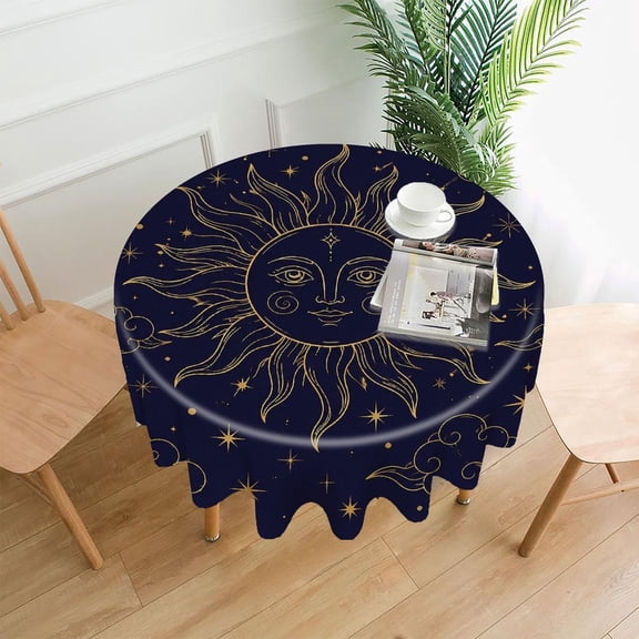 GooTPa 60 Inch Round Tablecloth, Golden Sun With Face Among Clouds Premium Polyester Straight Edge Wrinkle Resistant Washable Table Cover for Home Dining Party Decor