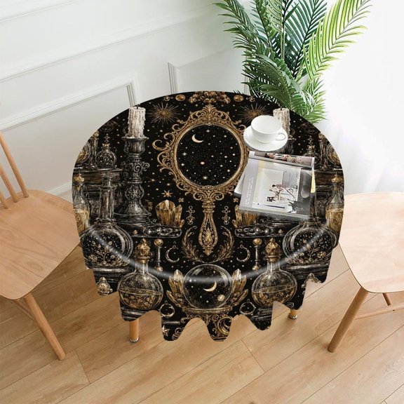 GooTPa 60 Inch Round Tablecloth, Gothic Alchemy Mirror Bottles Premium Polyester Straight Edge Wrinkle Resistant Washable Table Cover for Home Dining Party Decor