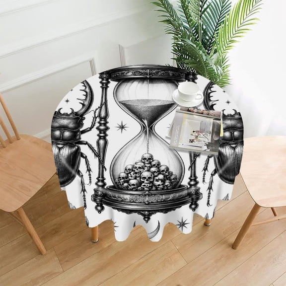 GooTPa 60 Inch Round Tablecloth, Gothic Hourglass With Skulls And Beetles Premium Polyester Straight Edge Wrinkle Resistant Washable Table Cover for Home Dining Party Decor