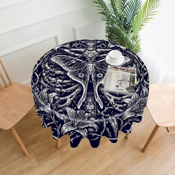 GooTPa 60 Inch Round Tablecloth,Gothic Moth Ribcage Lily Dark Premium Polyester Straight Edge Wrinkle Resistant Washable Table Cover for Home Dining Party Decor