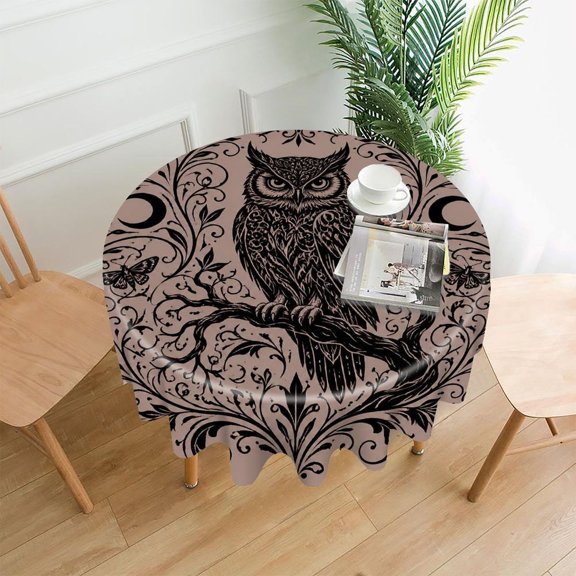 GooTPa 60 Inch Round Tablecloth, Gothic Owl Branch Ornate Art Premium Polyester Straight Edge Wrinkle Resistant Washable Table Cover for Home Dining Party Decor
