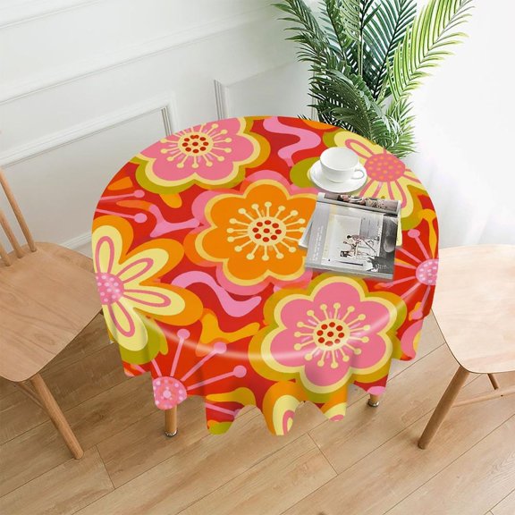 GooTPa 60 Inch Round Tablecloth, Groovy Floral Red Background Pattern Premium Polyester Straight Edge Wrinkle Resistant Washable Table Cover for Home Dining Party Decor