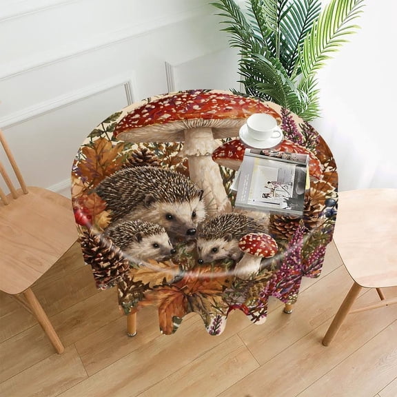 GooTPa 60 Inch Round Tablecloth,Hedgehog Family Under Toadstools Premium Polyester Straight Edge Wrinkle Resistant Washable Table Cover for Home Dining Party Decor