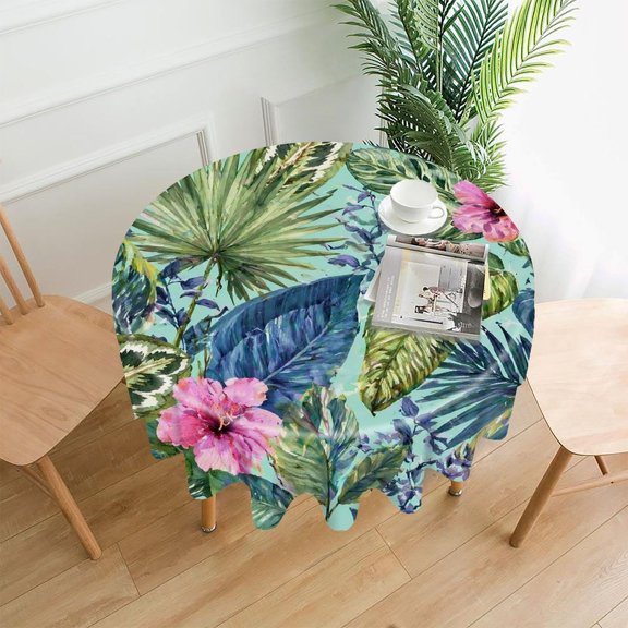 GooTPa 60 Inch Round Tablecloth, Hibiscus And Tropical Leaves On Mint Premium Polyester Straight Edge Wrinkle Resistant Washable Table Cover for Home Dining Party Decor