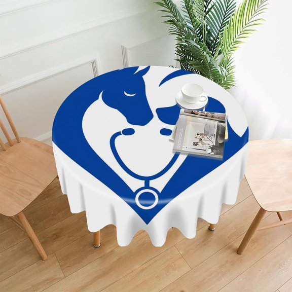 GooTPa 60 Inch Round Tablecloth, Horse Dog Heart Stethoscope Logo Premium Polyester Straight Edge Wrinkle Resistant Washable Table Cover for Home Dining Party Decor