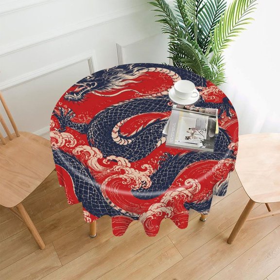 GooTPa 60 Inch Round Tablecloth,Imperial Dragon Riding Crimson Tides Premium Polyester Straight Edge Wrinkle Resistant Washable Table Cover for Home Dining Party Decor