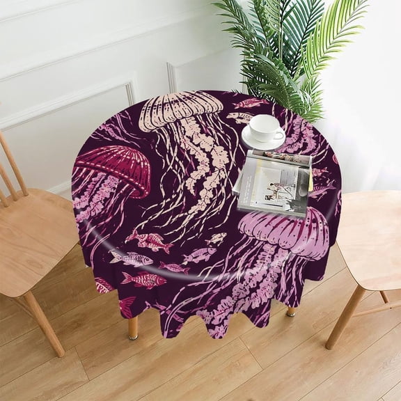 GooTPa 60 Inch Round Tablecloth,Jellyfish And Fish In Deep Purple Premium Polyester Straight Edge Wrinkle Resistant Washable Table Cover for Home Dining Party Decor