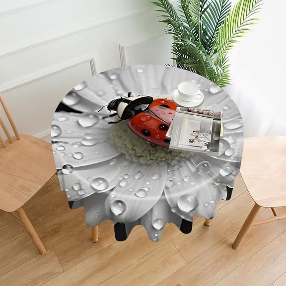 GooTPa 60 Inch Round Tablecloth, Ladybug Flowers Waterdrop Premium Polyester Straight Edge Wrinkle Resistant Washable Table Cover for Home Dining Party Decor