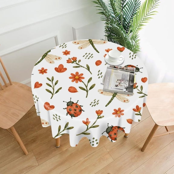 GooTPa 60 Inch Round Tablecloth,Ladybugs Dragonflies Pattern Premium Polyester Straight Edge Wrinkle Resistant Washable Table Cover for Home Dining Party Decor