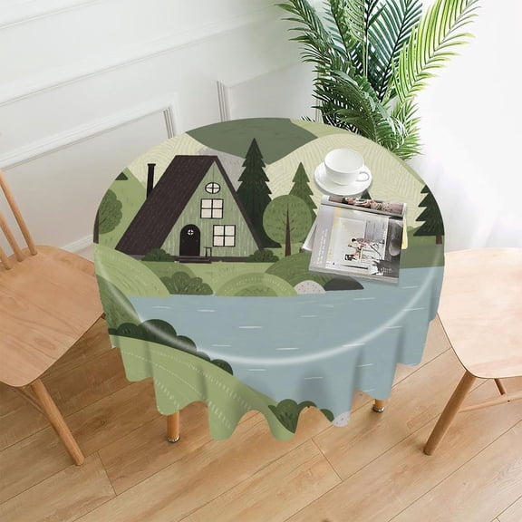 GooTPa 60 Inch Round Tablecloth, Lakeside Cabin Scene Premium Polyester Straight Edge Wrinkle Resistant Washable Table Cover for Home Dining Party Decor