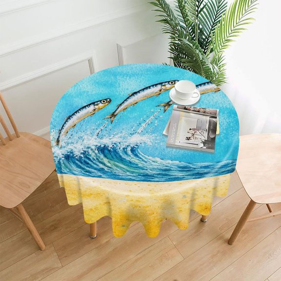 GooTPa 60 Inch Round Tablecloth,Leaping Fish Over Ocean Wave Premium Polyester Straight Edge Wrinkle Resistant Washable Table Cover for Home Dining Party Decor
