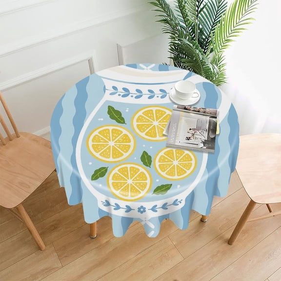 GooTPa 60 Inch Round Tablecloth, Lemon Slices In Pitcher Premium Polyester Straight Edge Wrinkle Resistant Washable Table Cover for Home Dining Party Decor