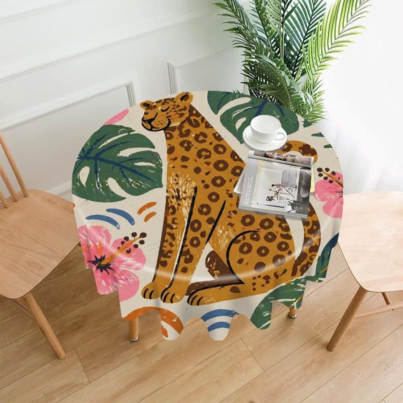 GooTPa 60 Inch Round Tablecloth,Leopard Among Monstera And Hibiscus Premium Polyester Straight Edge Wrinkle Resistant Washable Table Cover for Home Dining Party Decor