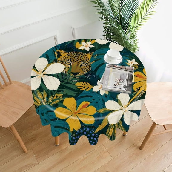 GooTPa 60 Inch Round Tablecloth, Leopard Peeking Through Lush Tropical Flowers Premium Polyester Straight Edge Wrinkle Resistant Washable Table Cover for Home Dining Party Decor